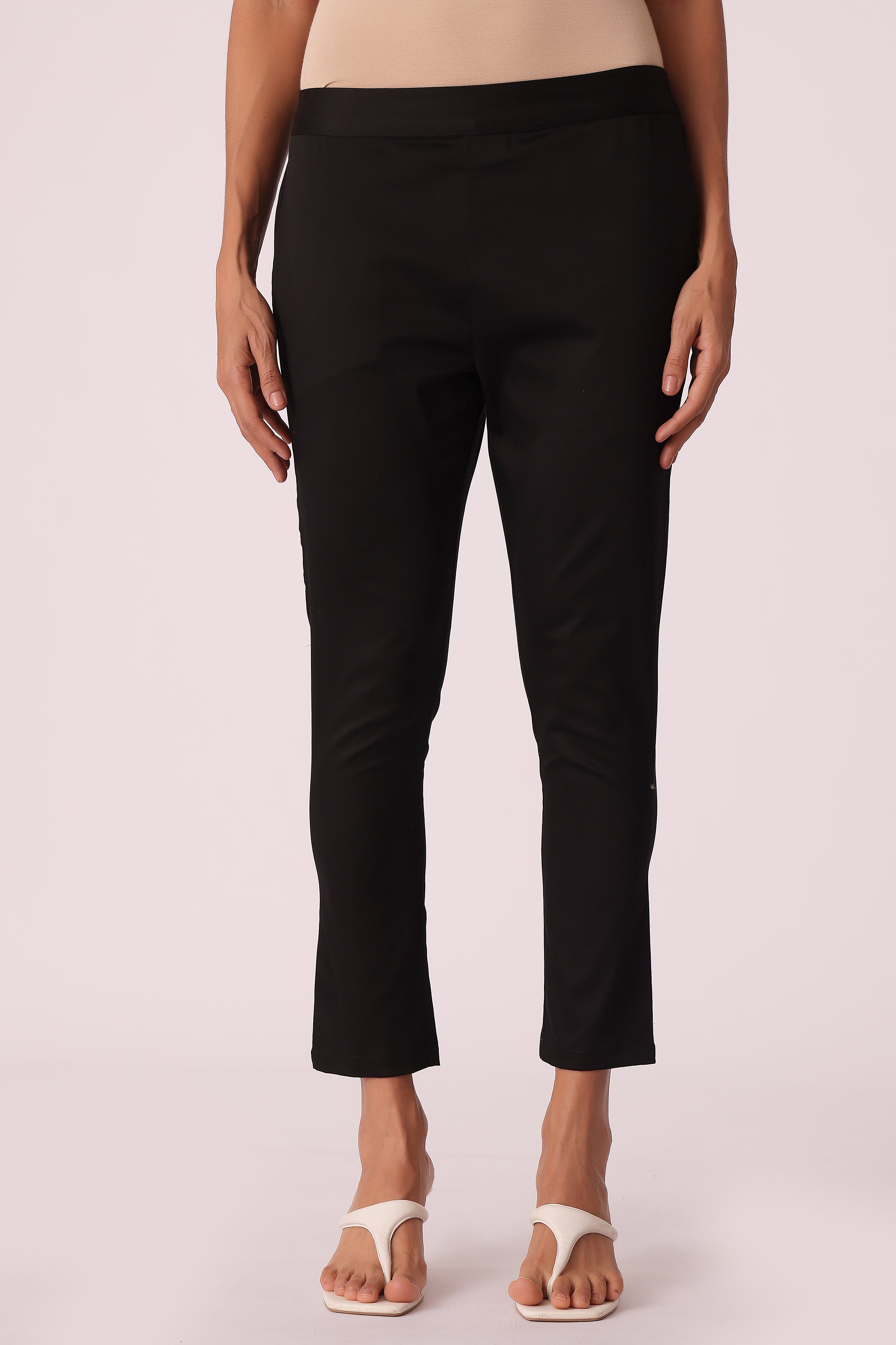 ETHNIC SLIM TAPERED FIT SOLID PANTS - Black
