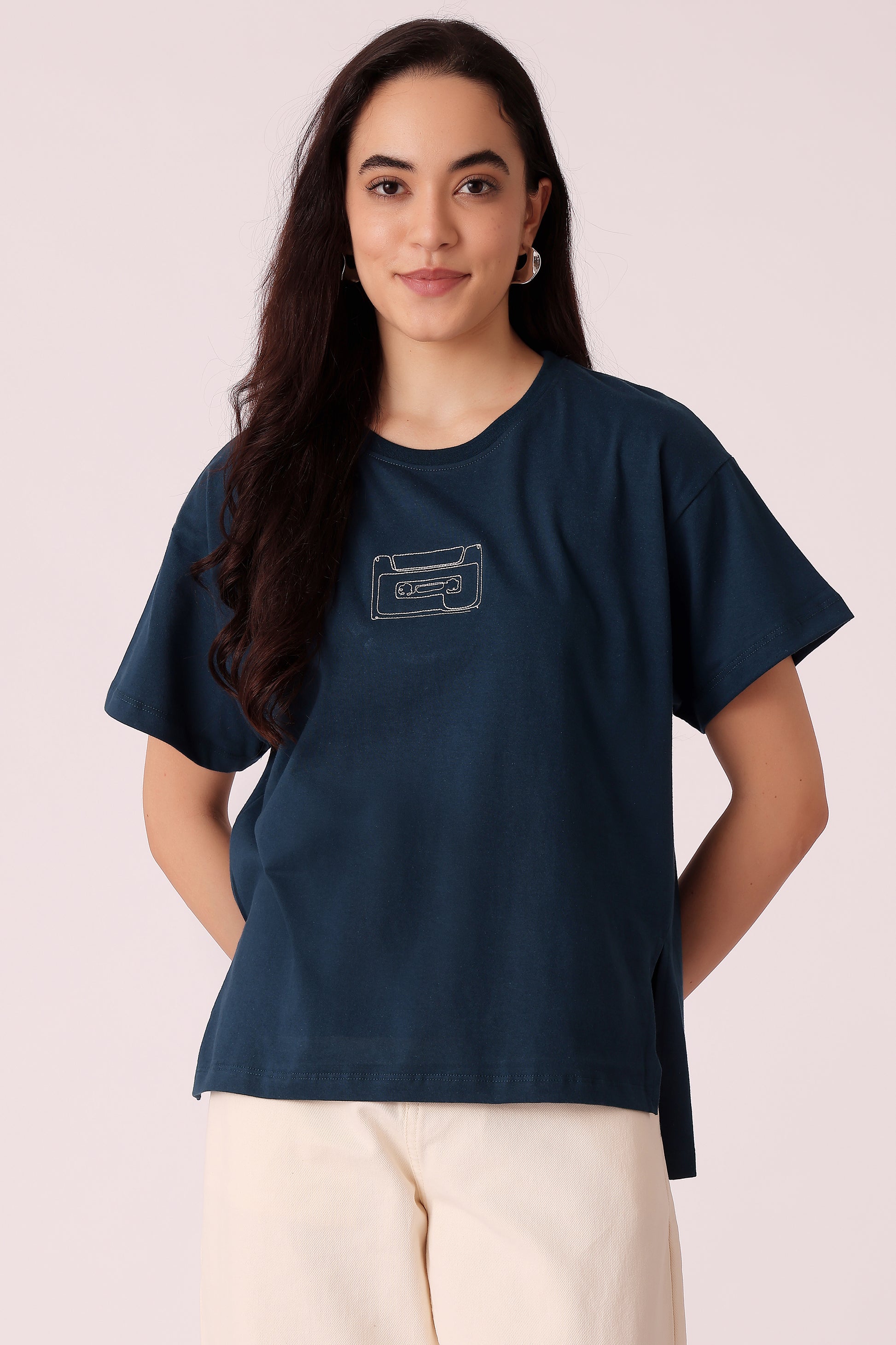 western boxy fit casual printed t-shirts - Navy