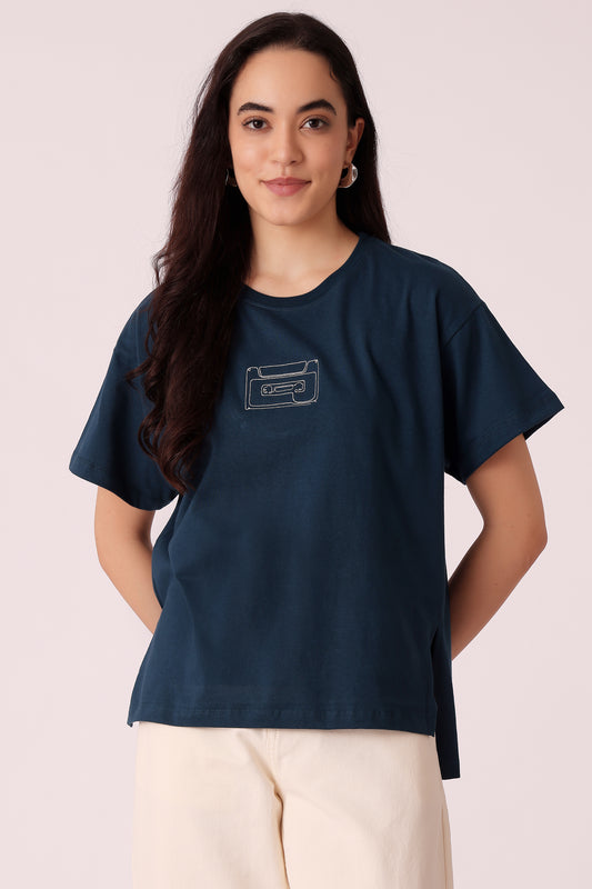 western boxy fit casual printed t-shirts - Navy