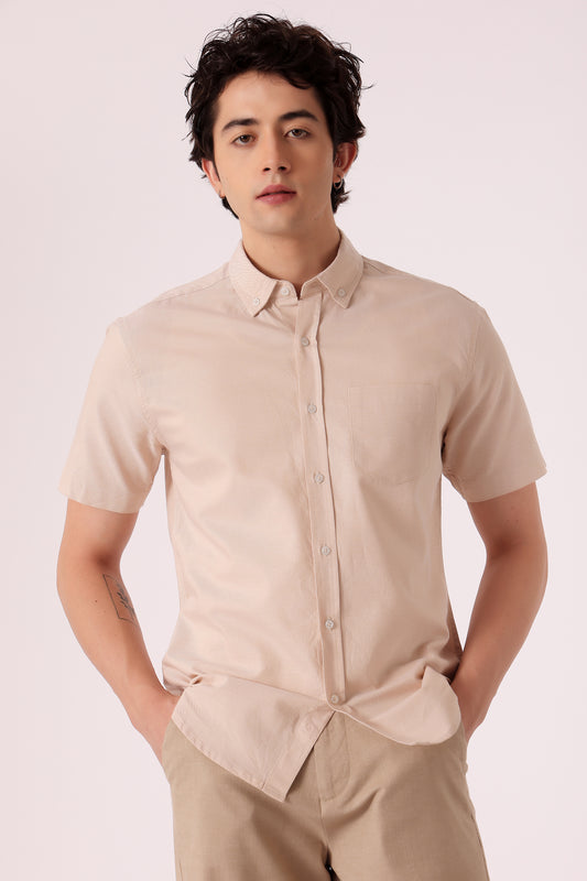 Men's Solid Oxford Shirt Half Sleeve - Light Beige