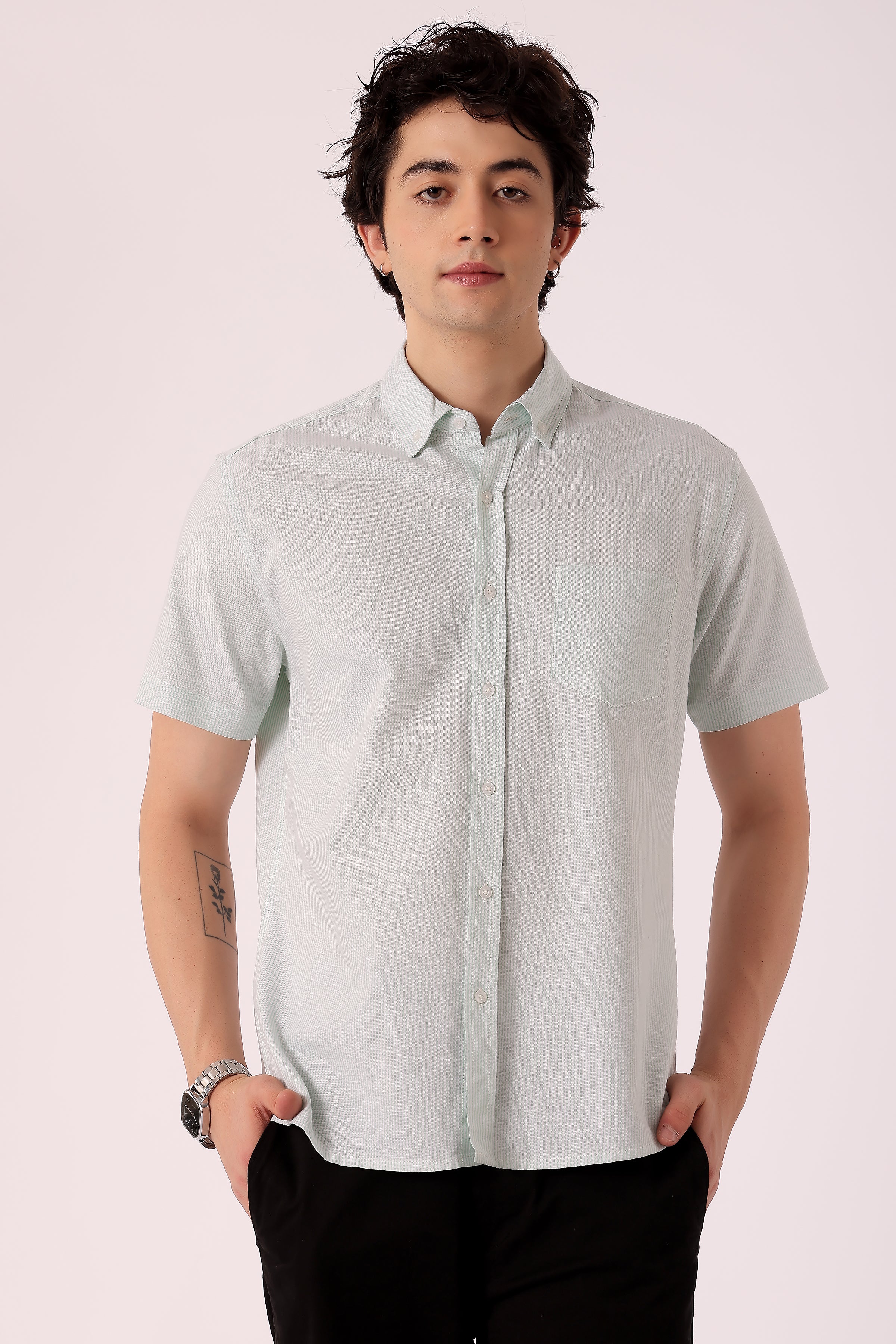 Men's Stripe Oxford Shirt Half Sleeve - Sage Green