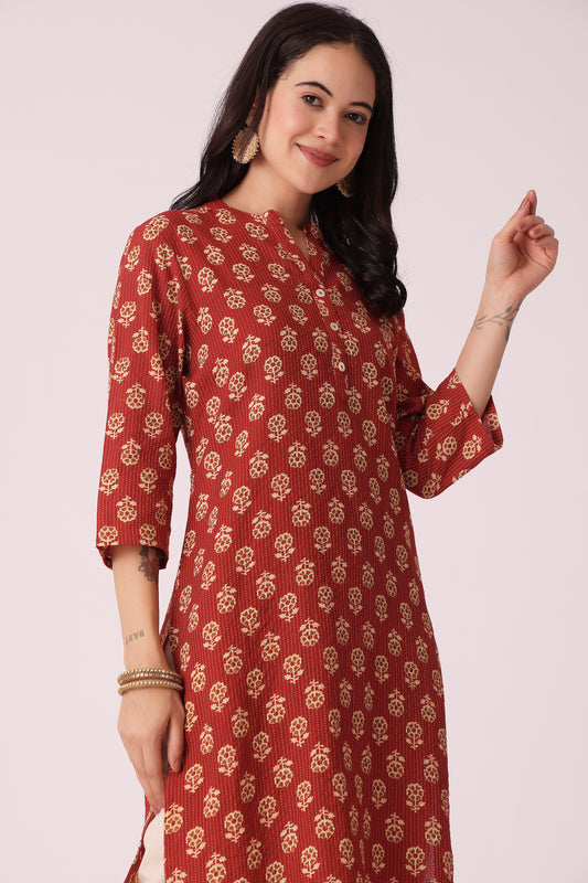 ETHNIC REGULAR FIT KANTHA KURTA - Orange