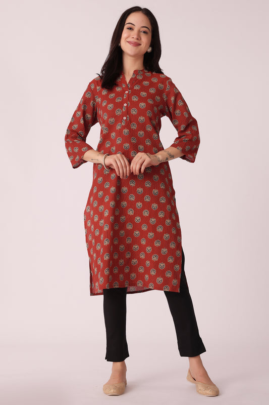 ETHNIC REGULAR FIT KANTHA KURTA - Maroon