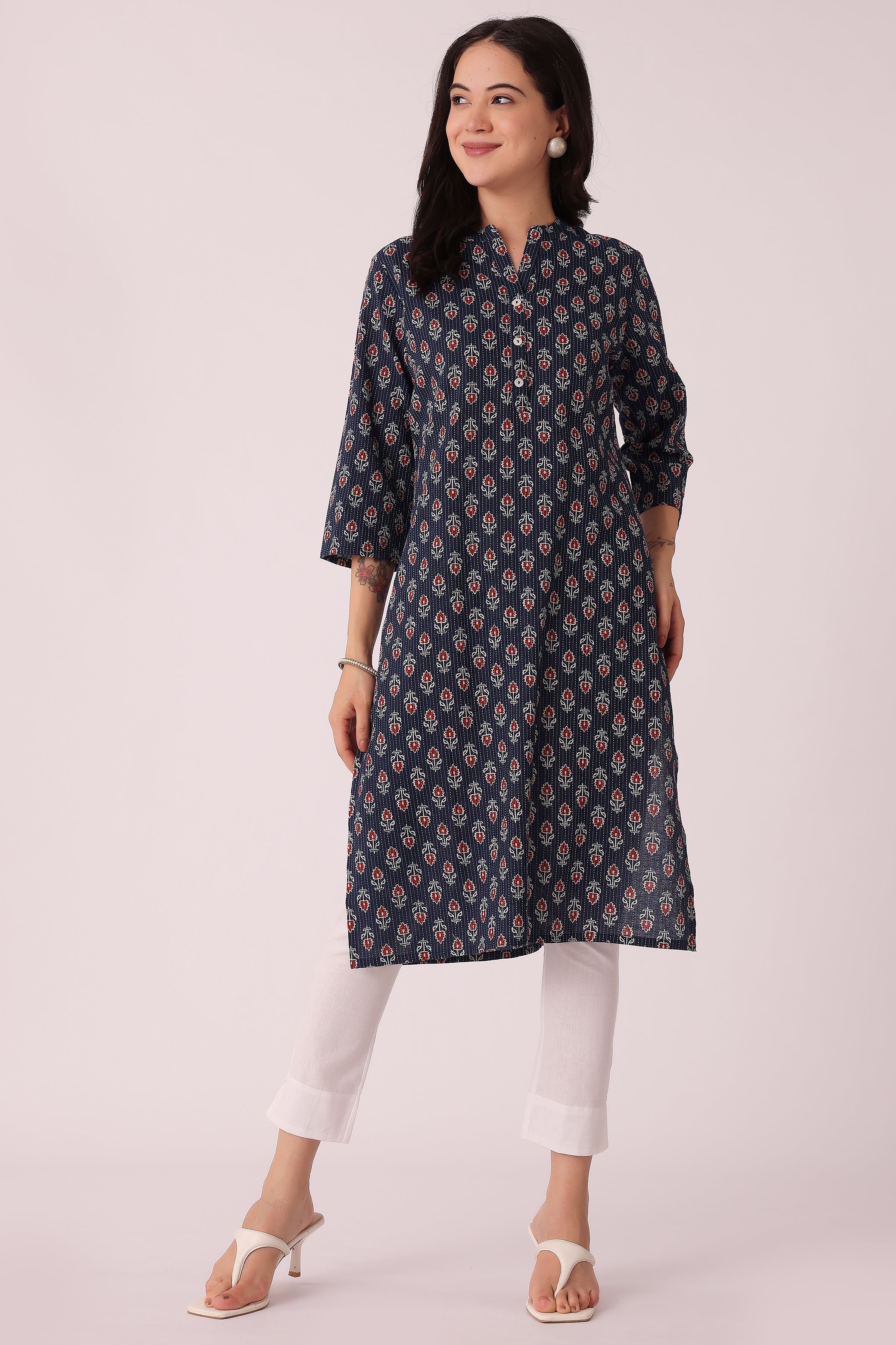 ETHNIC REGULAR FIT KANTHA KURTA - Navy