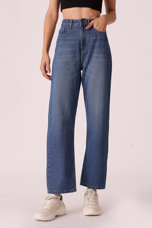 western mom fit casual printed jeans - Mid Wash