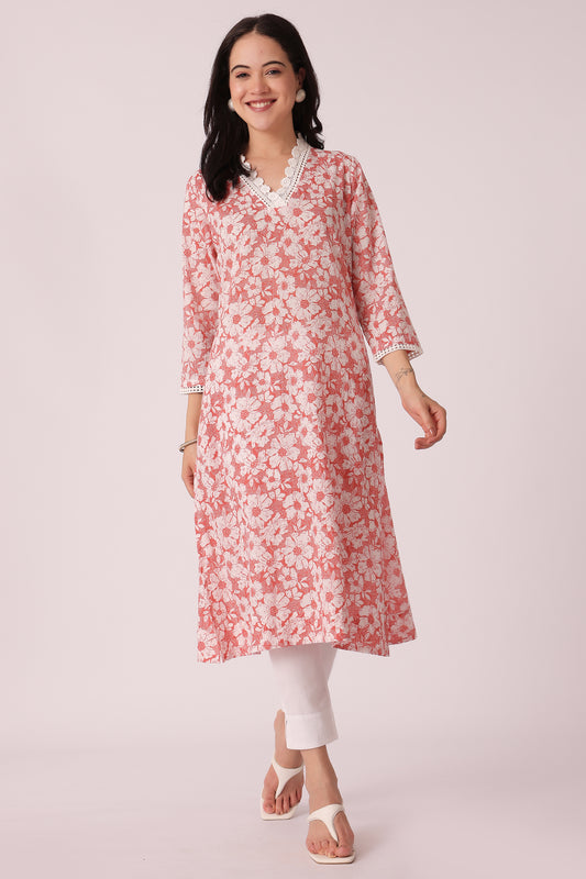 ETHNIC STRAIGHT FIT ALL OVER PRINT KURTA - Peach
