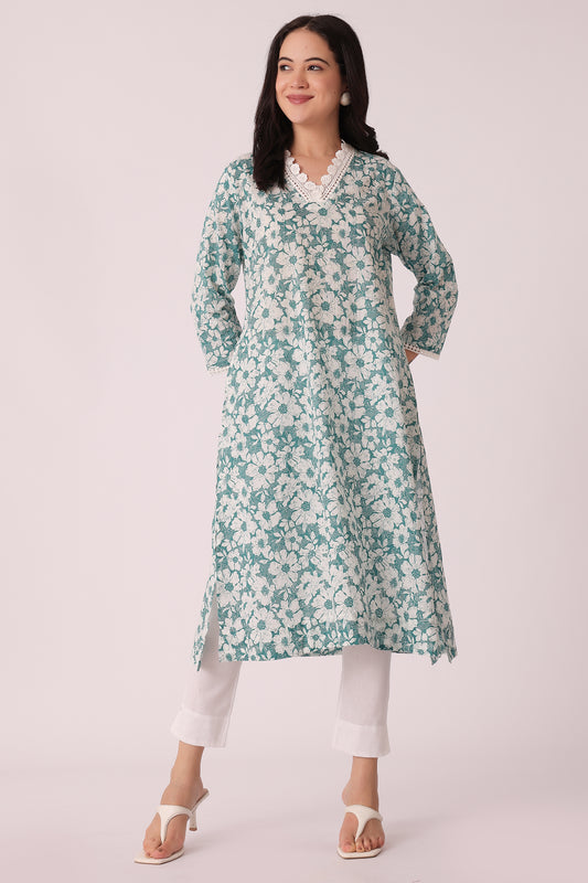 ETHNIC STRAIGHT FIT ALL OVER PRINT KURTA - Blue
