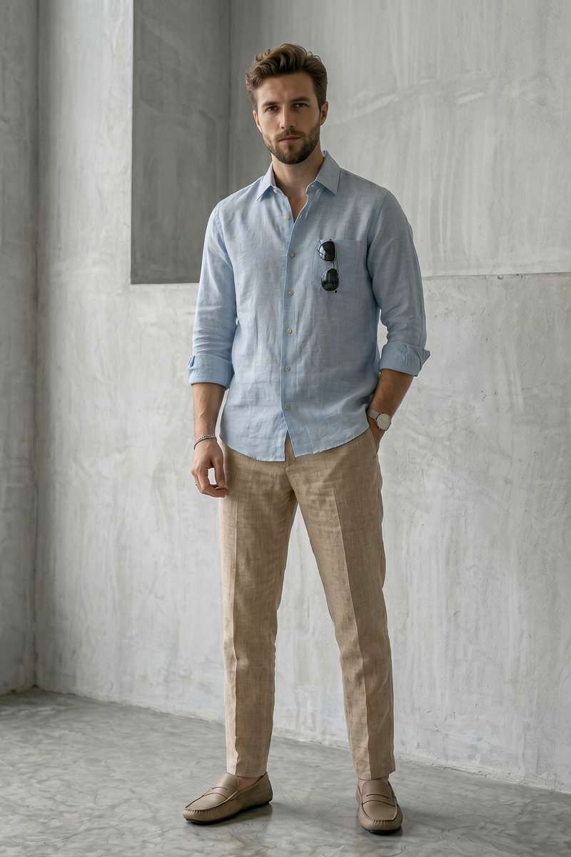 Men's Pure Linen Solid Shirt - Sky Blue