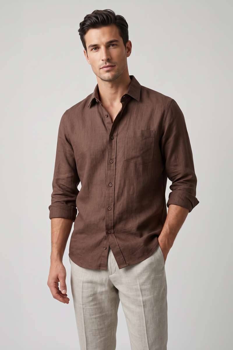 Men's Pure Linen Solid Shirt - Dk Brown