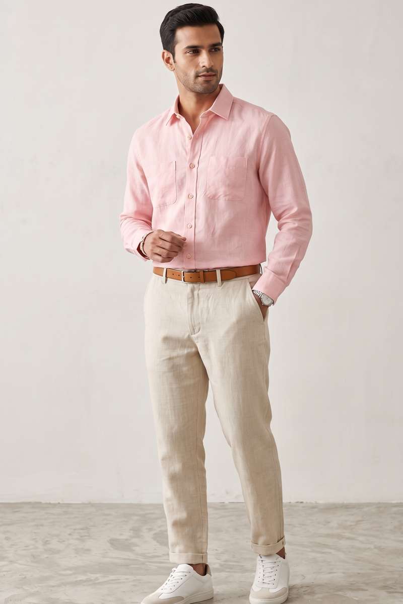Men's Pure Linen Solid Shirt - Lt Pink