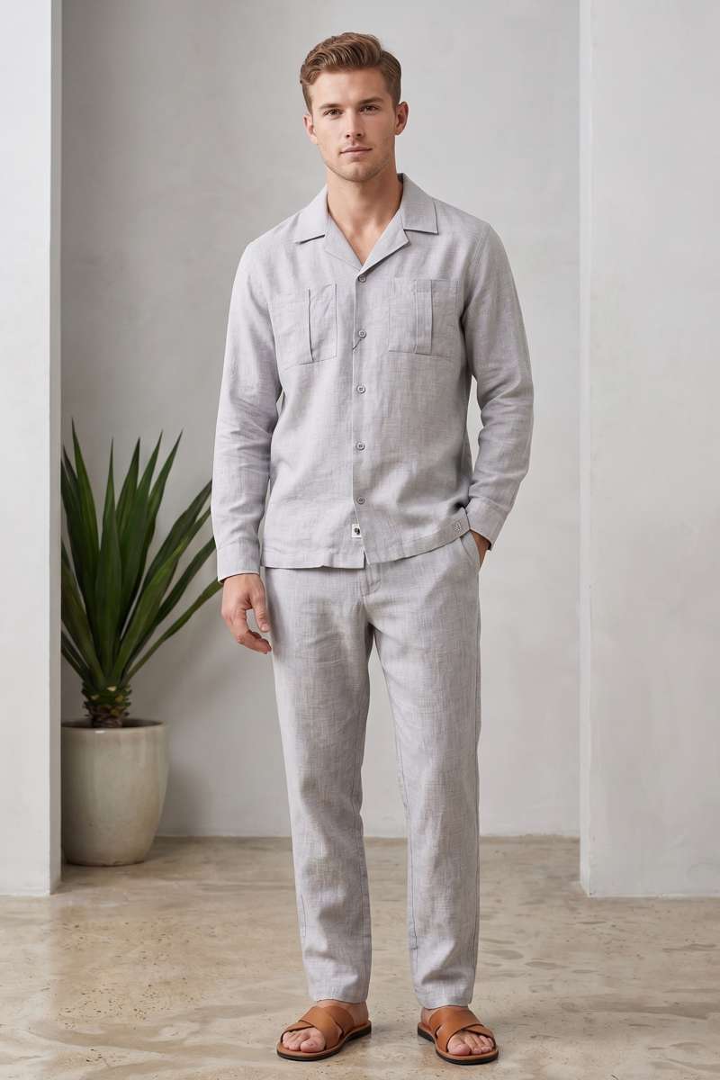 Men's Pure Linen Resort Collar Shirt - Lt Grey