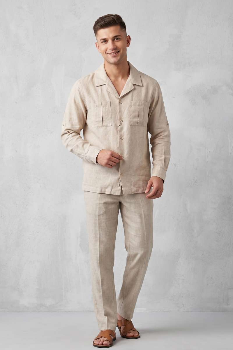 Men's Pure Linen Resort Collar Shirt - Beige