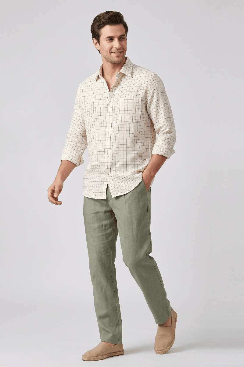 Men's Pure Linen Checks Shirt - White