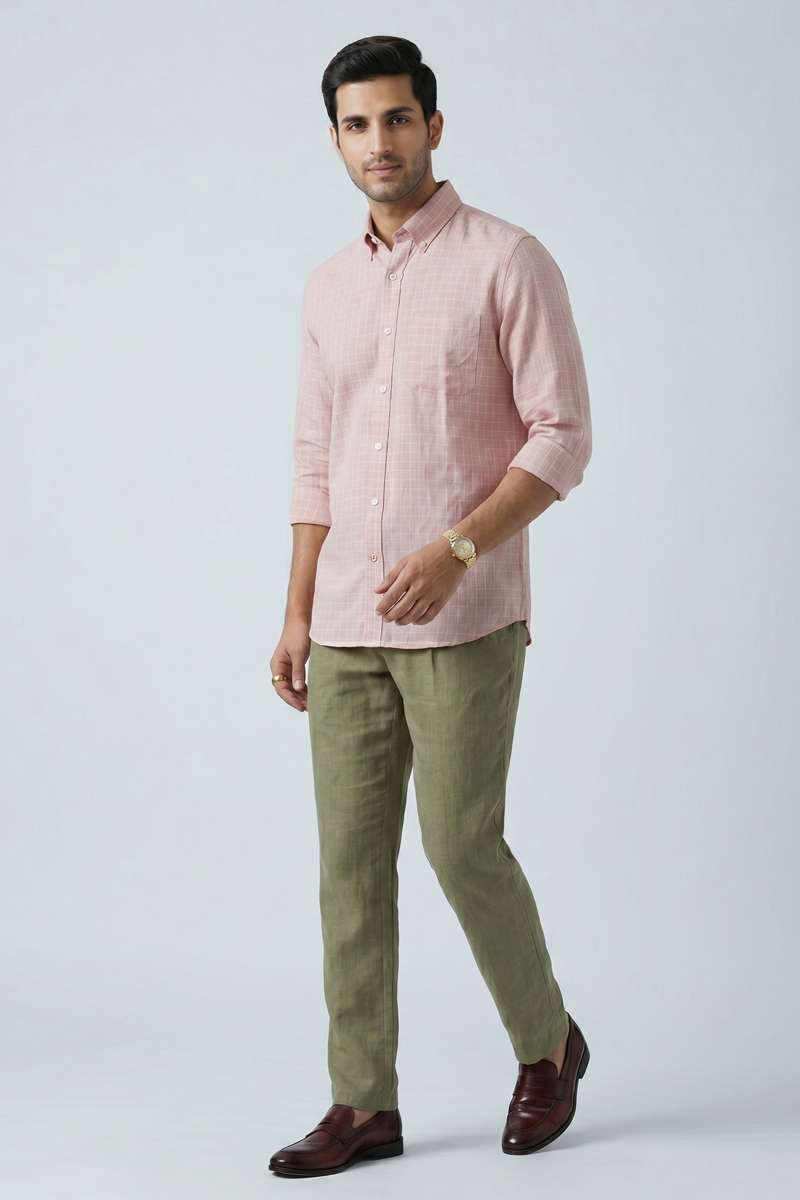 Men's Pure Linen Checks Shirt - Peach