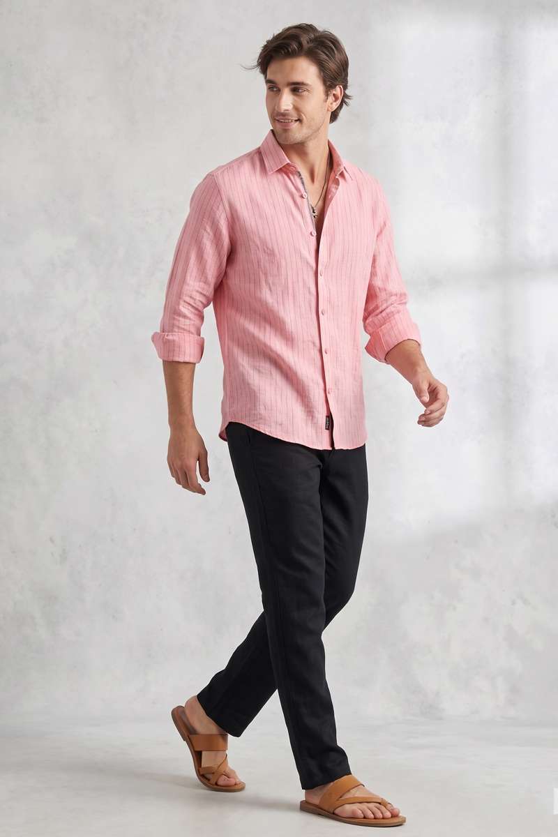 Men's Pure Linen Stripe Shirt - Pink Stripes