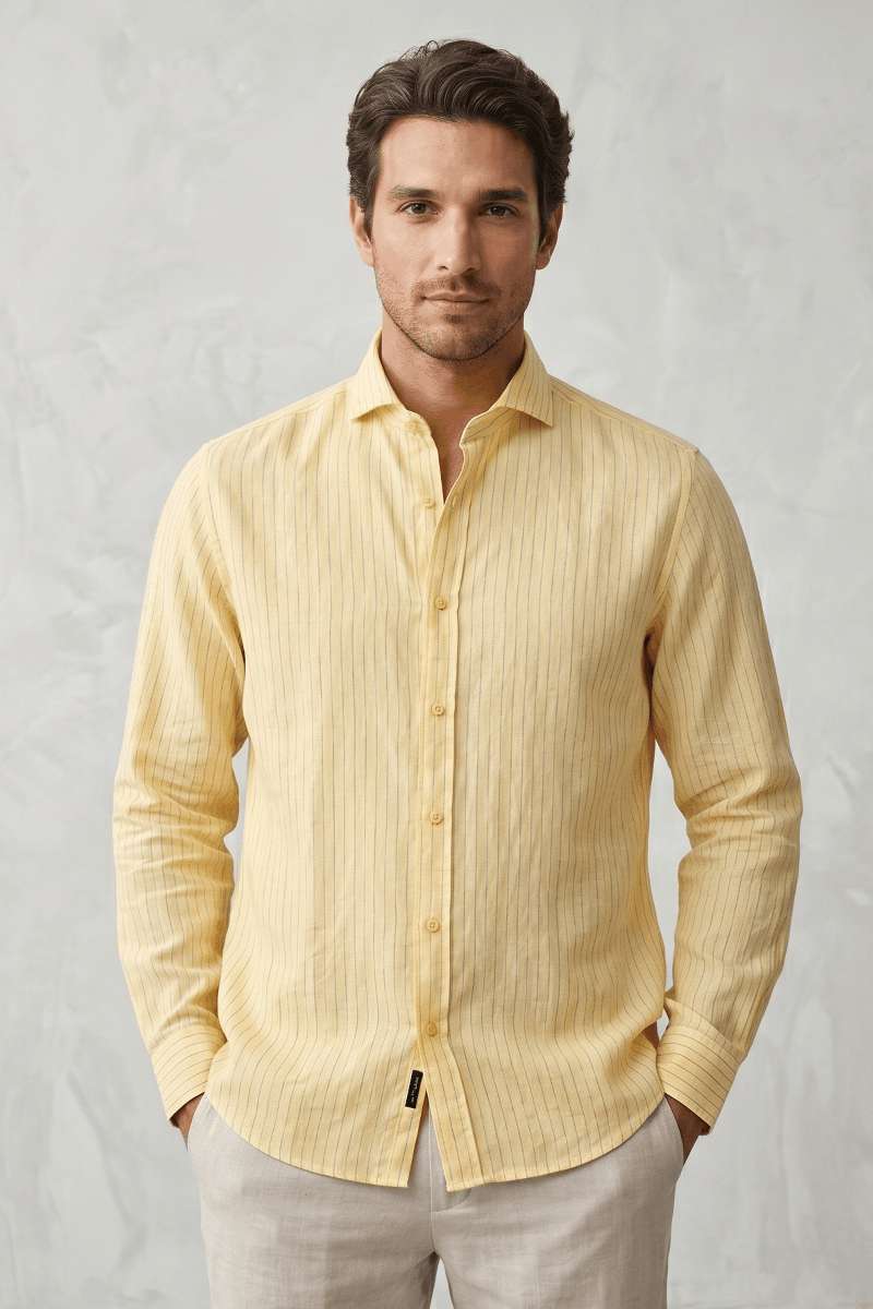 Men's Pure Linen Stripe Shirt - Yellow