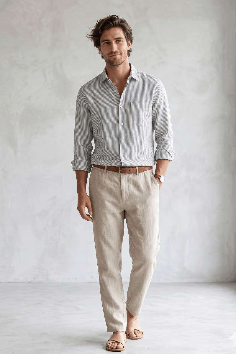 Men's Pure Linen Stripe Shirt - White