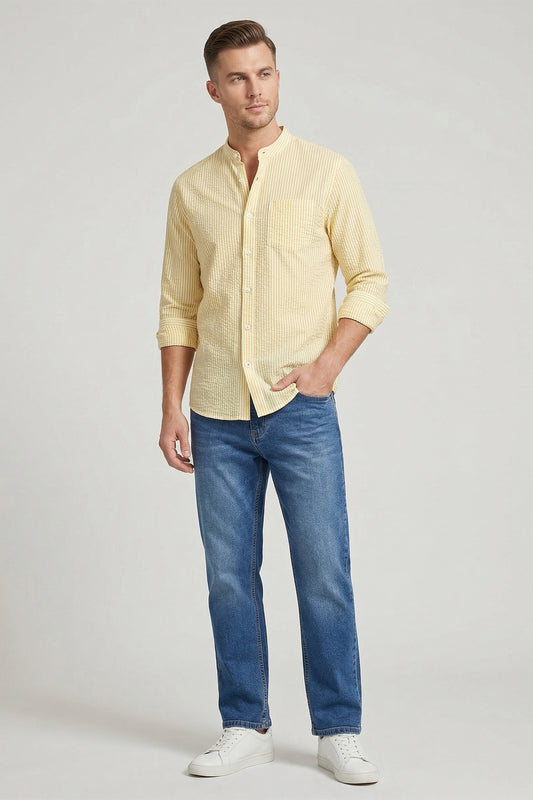 Men'S Casual Yellow Seersucker Stripe Shirts - GREEN