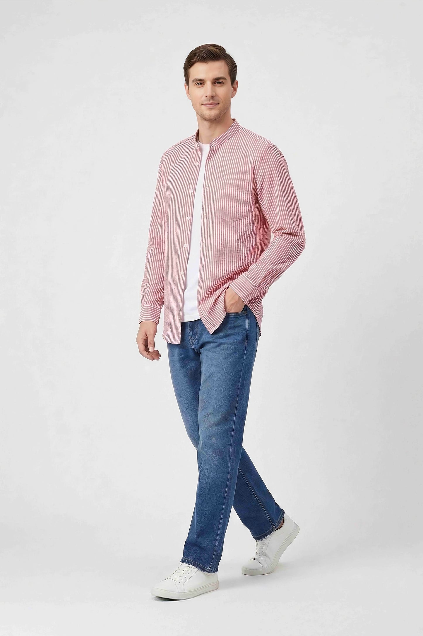 Men'S Casual Red Seersucker Stripe Shirts