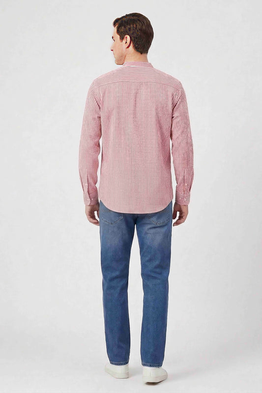 Men'S Casual Red Seersucker Stripe Shirts