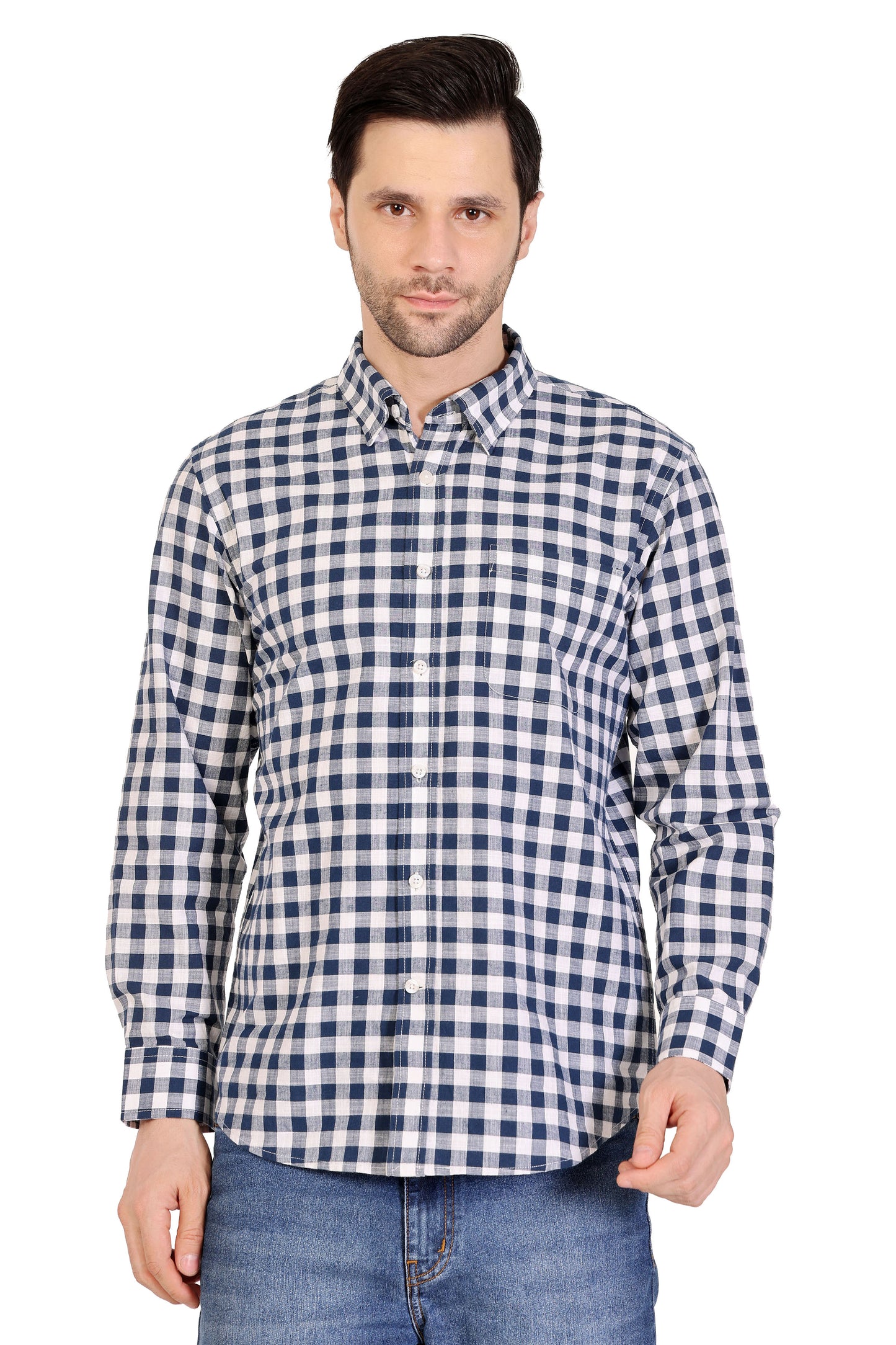 Mens Cotton Slub checks Shirt - Navy White