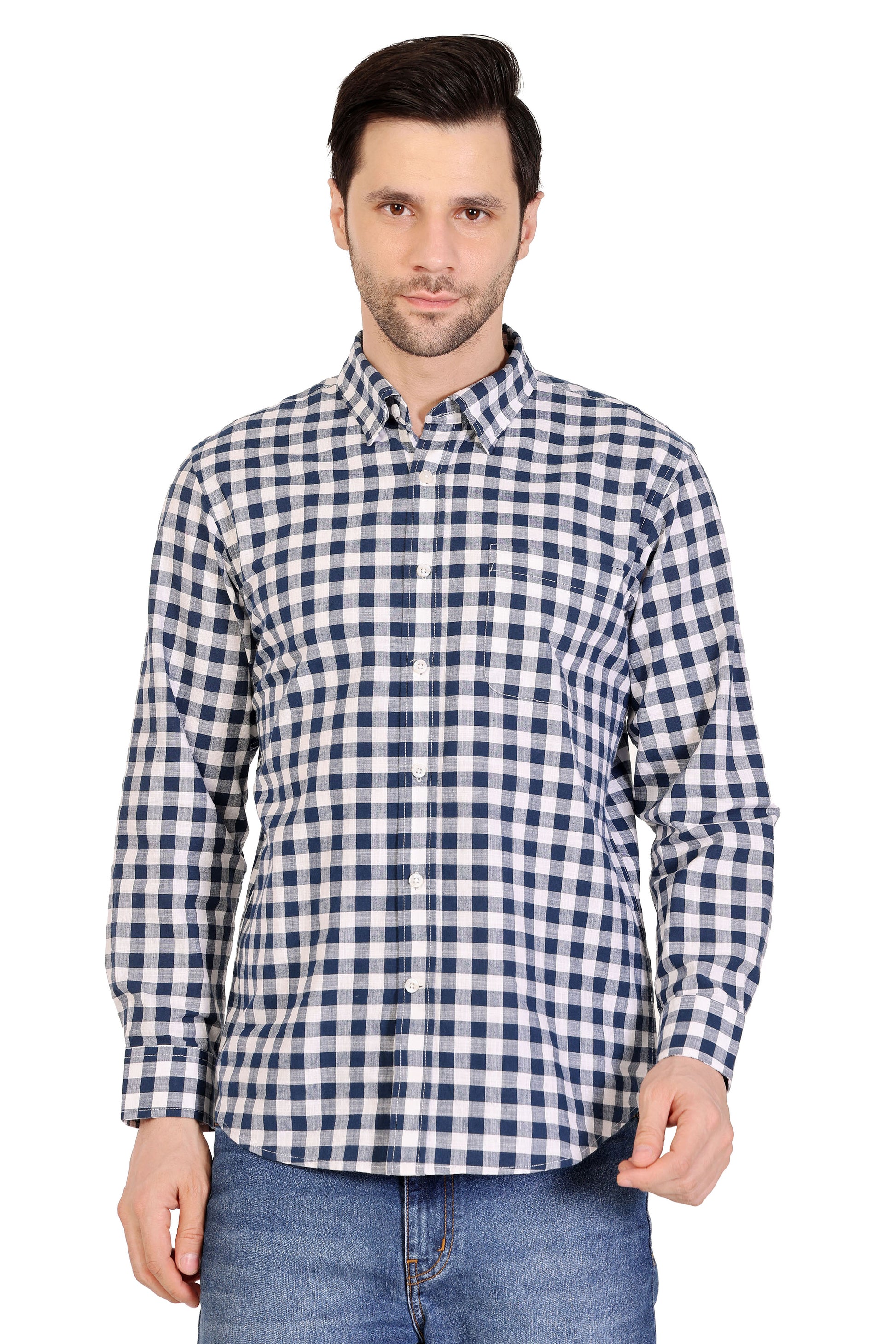 Mens Cotton Slub checks Shirt - Navy White