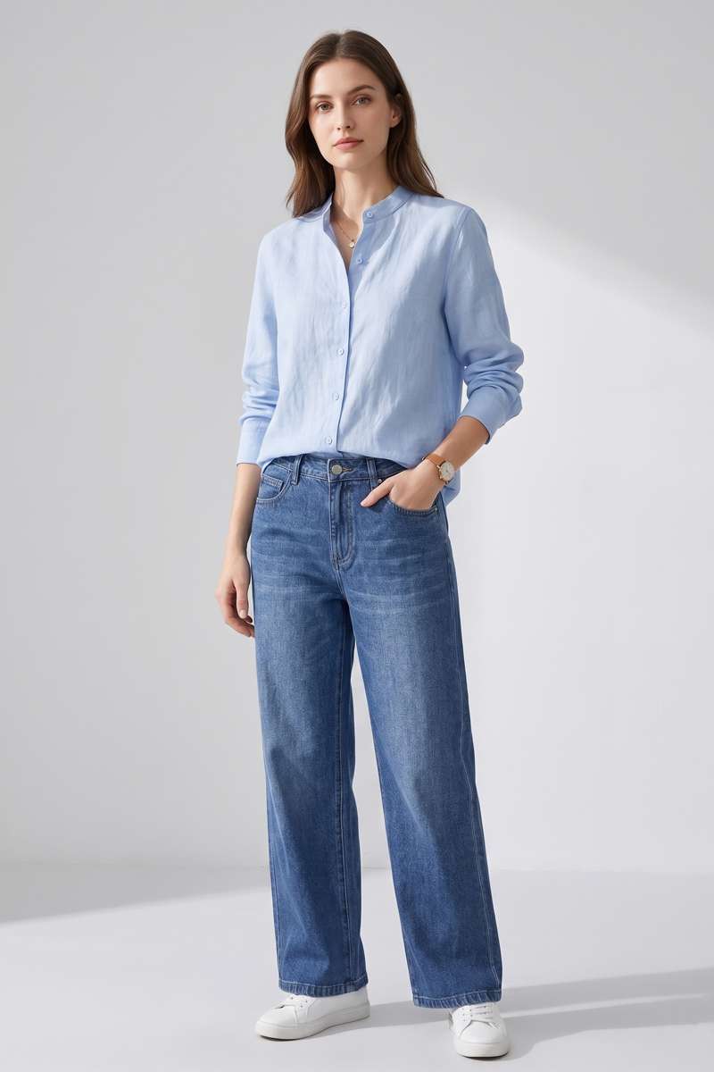 Sky Blue Linen  Mandrain Collar Shirt - Sky Blue