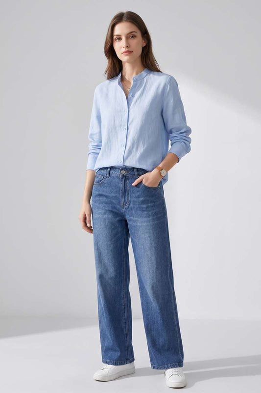 Sky Blue Linen  Mandrain Collar Shirt - Sky Blue