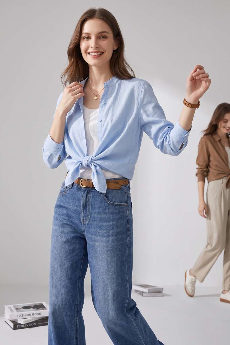 Sky Blue Linen  Mandrain Collar Shirt - extra image 3