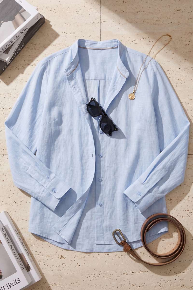 Sky Blue Linen  Mandrain Collar Shirt - extra image 4