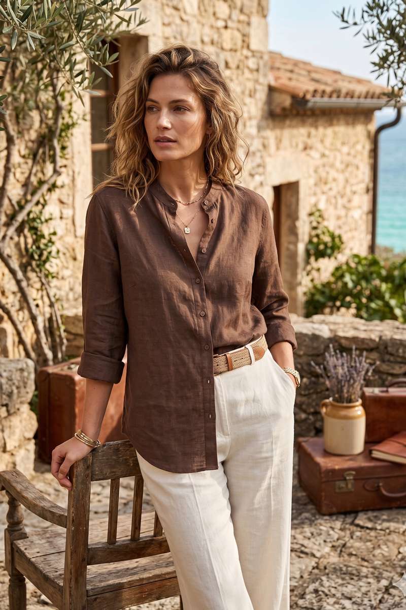 Brown Linen  Mandrain Collar Shirt - Brown