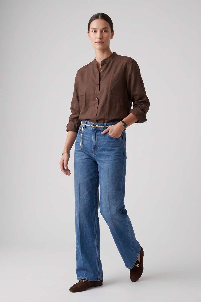 Brown Linen  Mandrain Collar Shirt - extra image 4