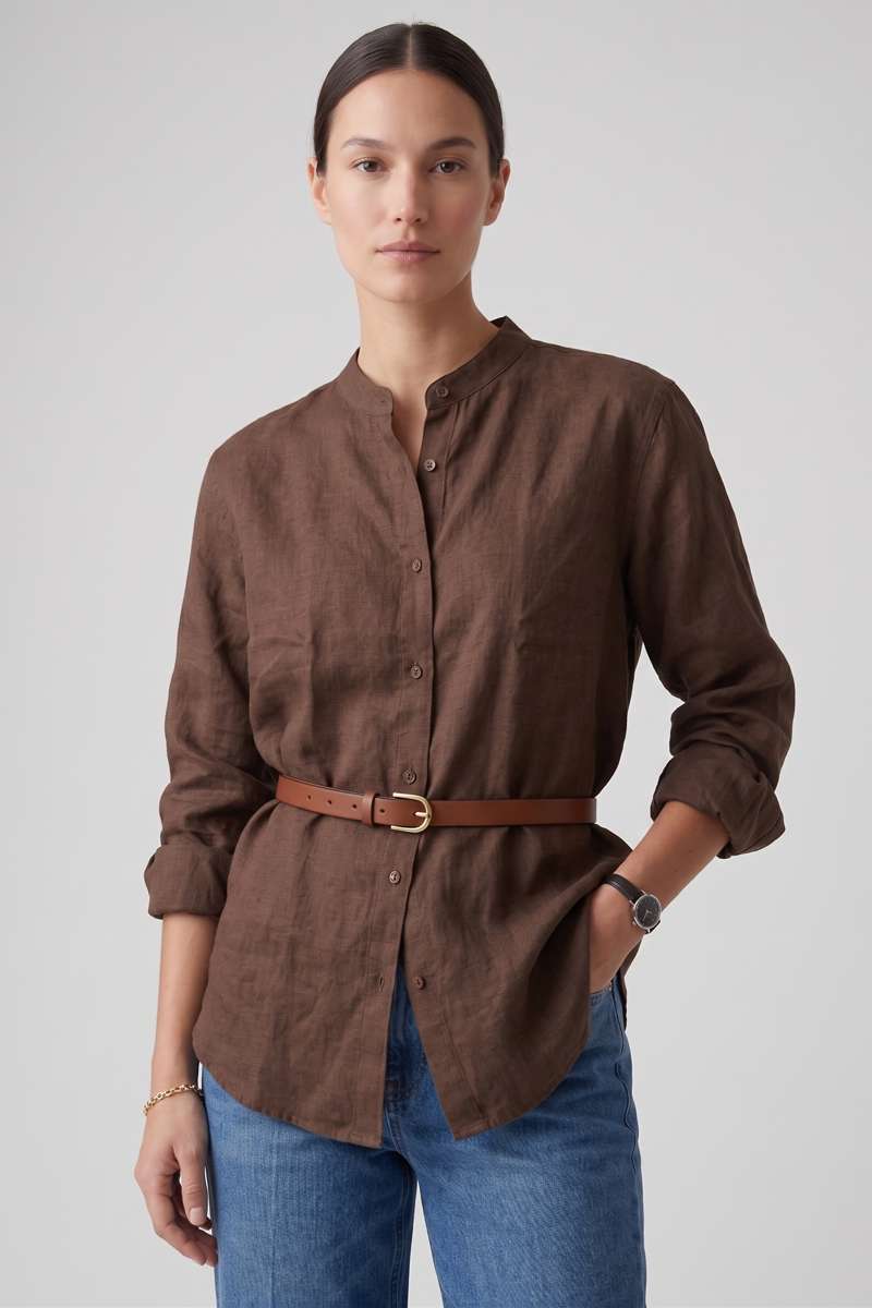 Brown Linen  Mandrain Collar Shirt - extra image 5