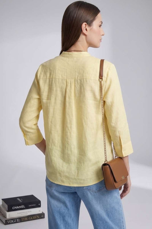 Light Yellow Linen Mandrain Collar Shirt - extra image 2