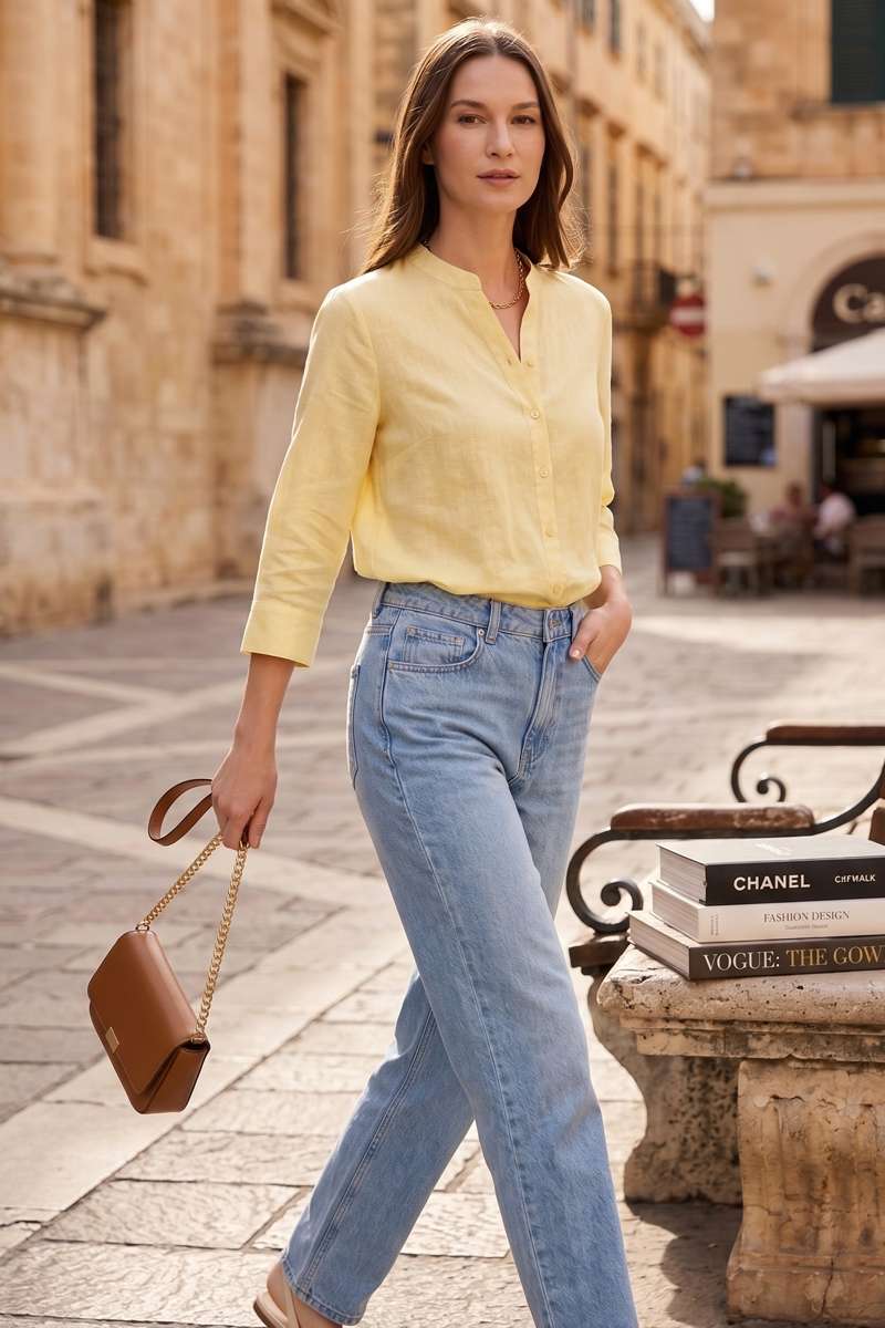 Light Yellow Linen Mandrain Collar Shirt - extra image 3