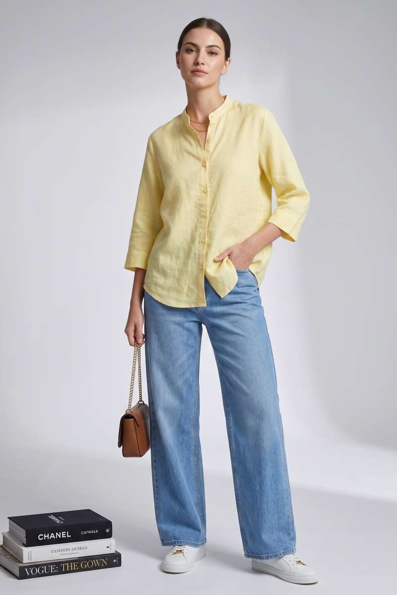 Light Yellow Linen Mandrain Collar Shirt - extra image 5