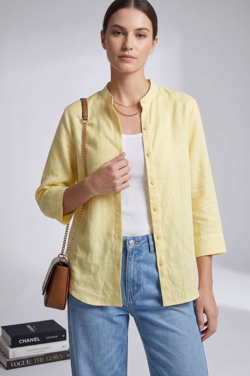 Light Yellow Linen Mandrain Collar Shirt - extra image 6