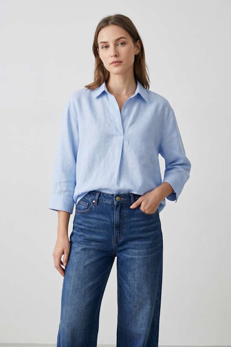 Sky Blue Linen Collar Top - Sky Blue