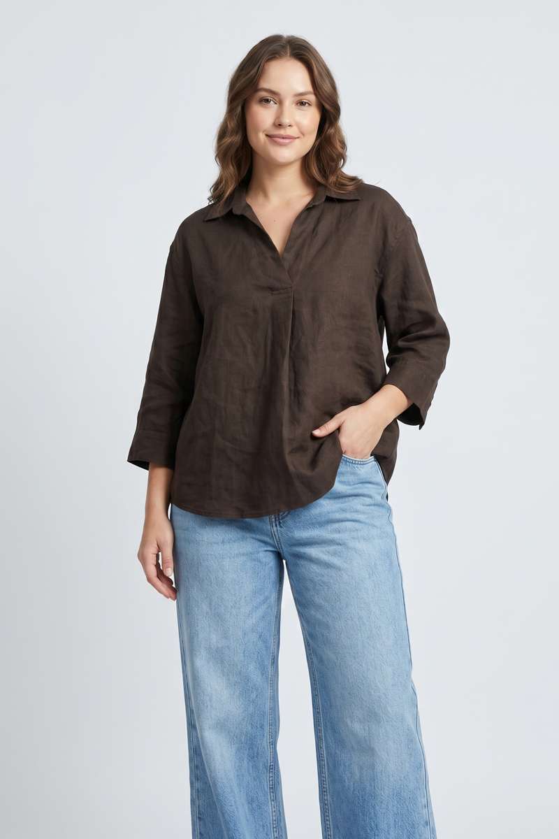 Brown Linen Collar Top - Brown