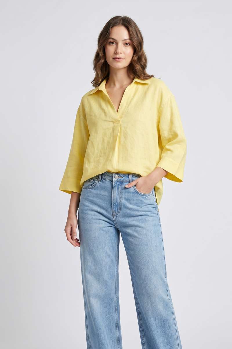 Light Yellow Linen Collar Top - Light Yellow