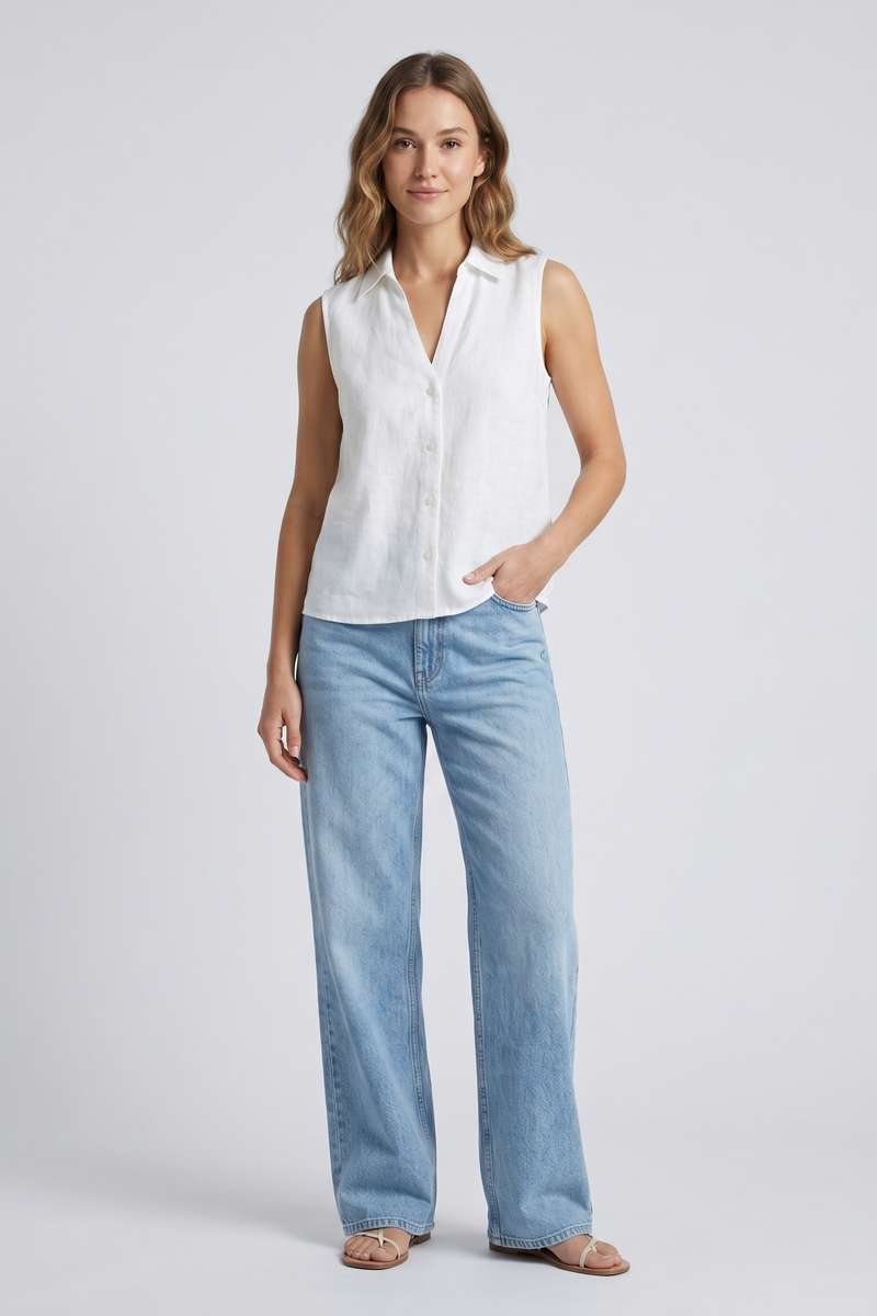 White Linen Sleeve Less Shirt - White