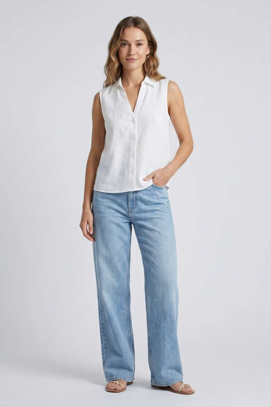 White Linen Sleeve Less Shirt - White