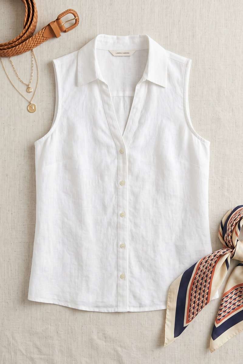 White Linen Sleeve Less Shirt - extra image 5