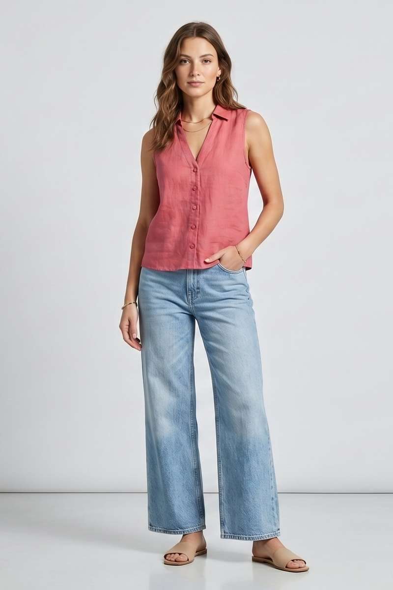 Light Pink Linen Sleeve Less shirt - Light Pink